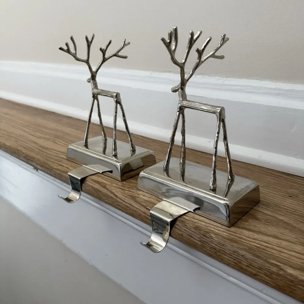 Pottery Barn Set of 2 Silver Tone Twig Reindeer Stocking Holders Weighted